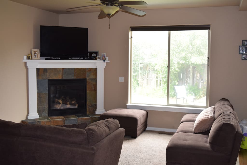 Your living room with comfortable couches and cable TV as well as a view of the backyard.
