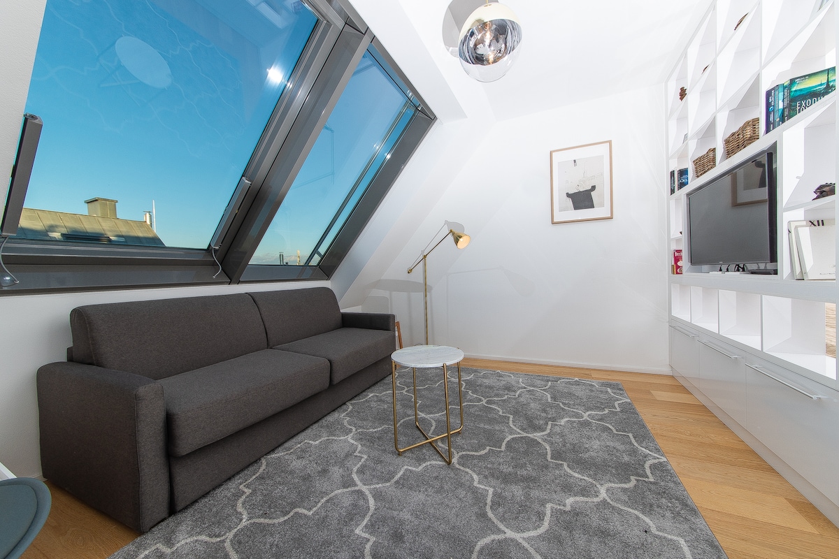 A modern seating area features a dark gray sofa positioned on a textured area rug. A small round table stands nearby, with a stylish floor lamp providing ambient light. Large skylights bring in natural light, enhancing the airy feel of the space.