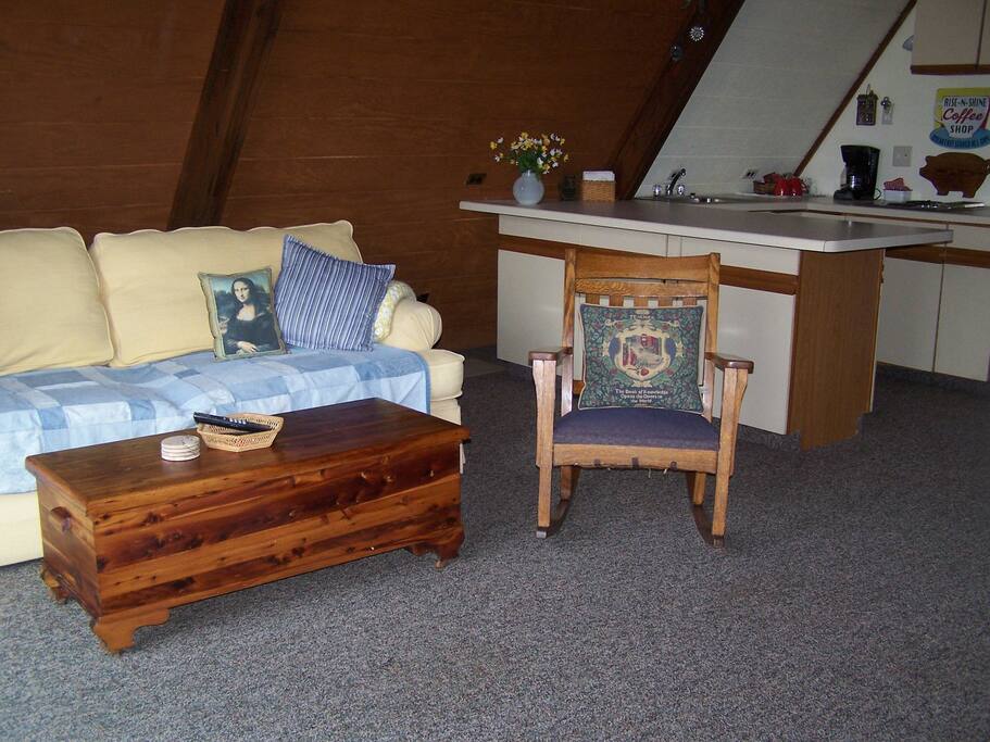 Seating area that also includes a big flat screened TV
