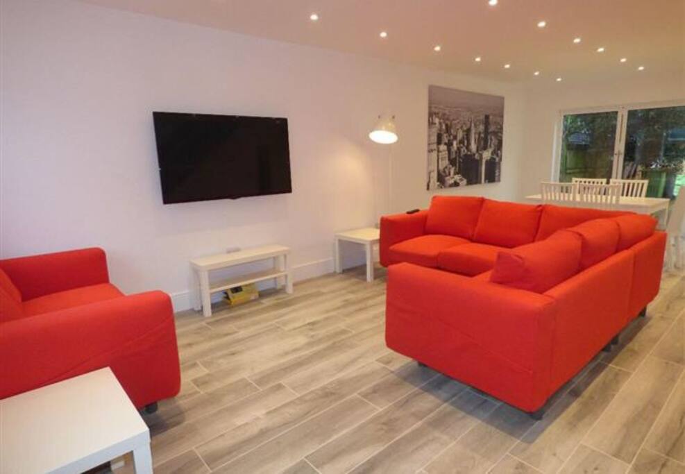 Ample sofa seating with large plasma TV