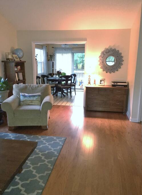 Open living room flows into the eat-in-kitchen.