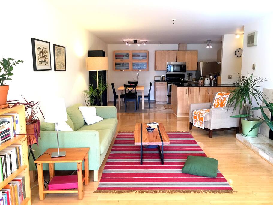 Living room with view of kitchen