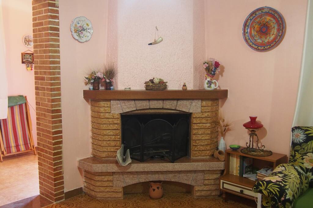 living room and fireplace