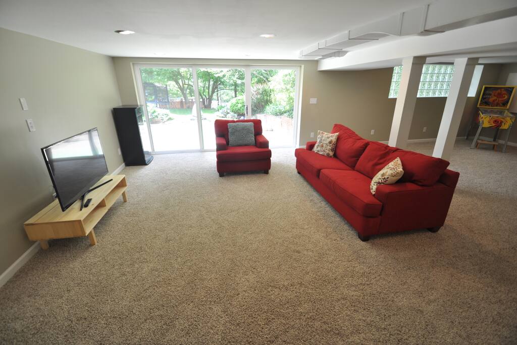 Living space with queen sleeper sofa.