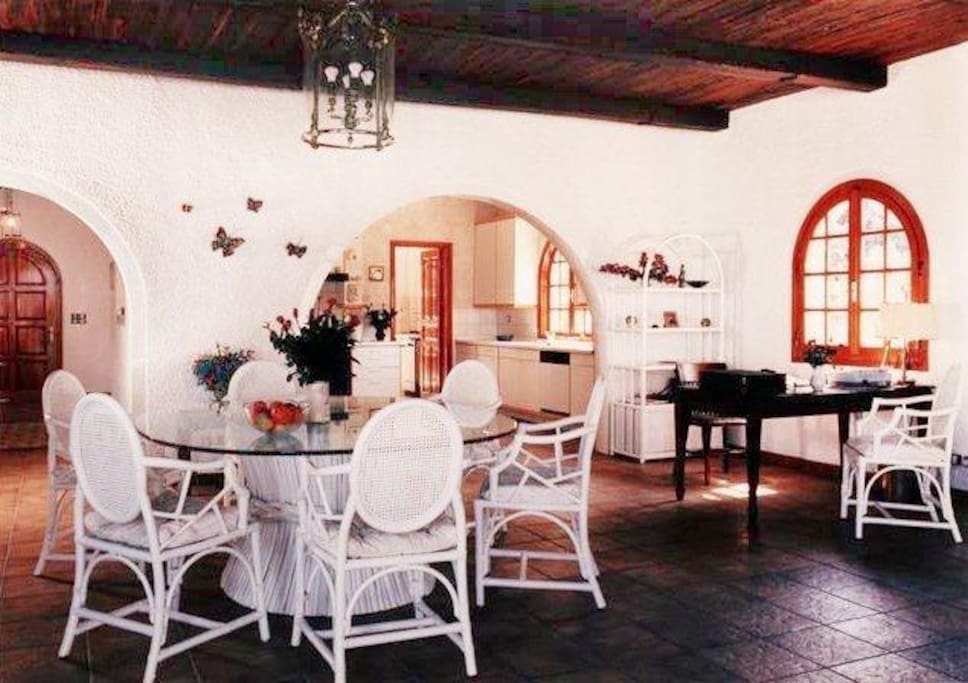 Living room and dining area inside.