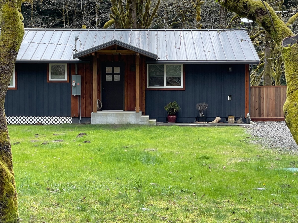 The exterior of the cabin is showcased, featuring a modern design with a dark blue façade and a metal roof. A central entrance is framed by natural wood accents. The landscaped front yard is covered in green grass, with trees and a gravel driveway visible.