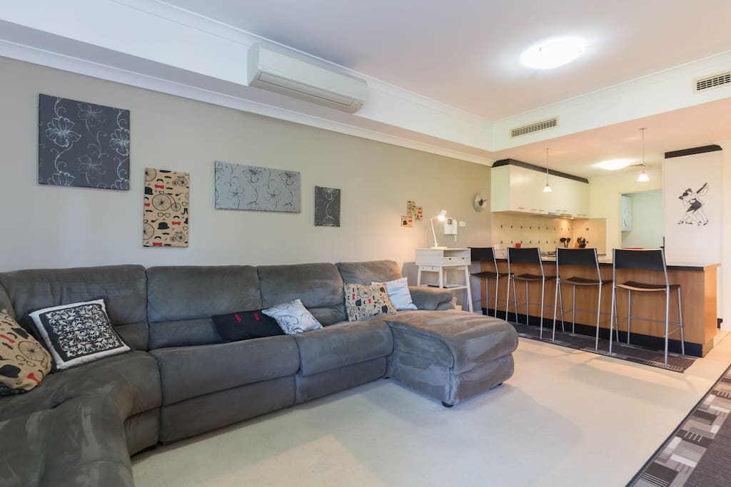Super comfy lounge looking into kitchen