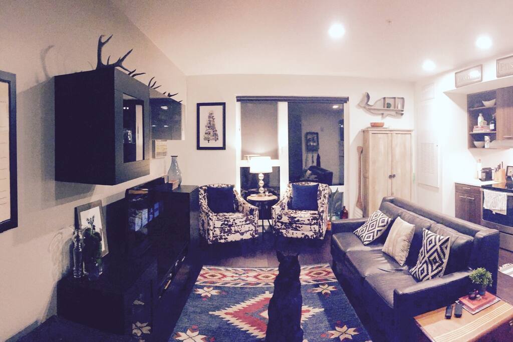 Cowboy chic! Wide eye view of the living/kitchen space