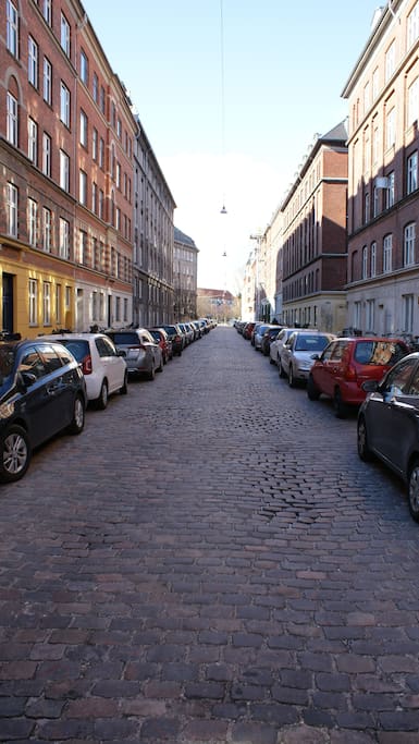 The street with a nice café at the end