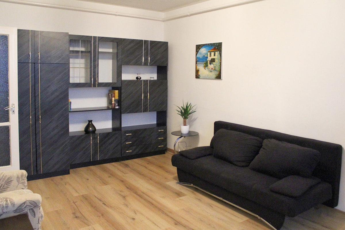 A dark grey cabinet with shelving and drawers occupies one wall, accompanied by a modern black sofa. A small round table is placed beside the sofa, and a potted plant adds a touch of greenery. Wall art depicting a coastal scene enhances the decor.