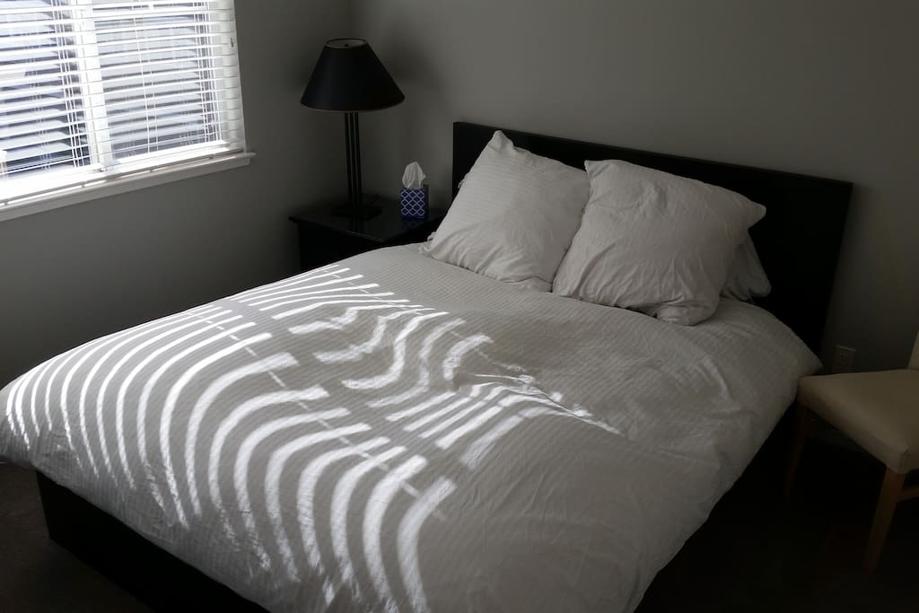 Queen sized bed in private bedroom with large closet.