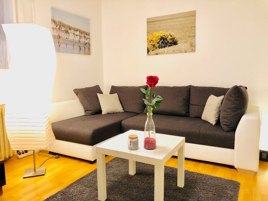 Souterrain Wohnung, ein gemütliches Wohn-/Schlafzimmer, eine Küche, ein Bad mit Dusche und ein Flur