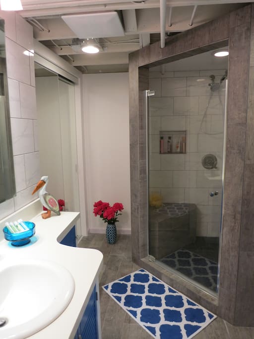 Large bathroom with heated floors.