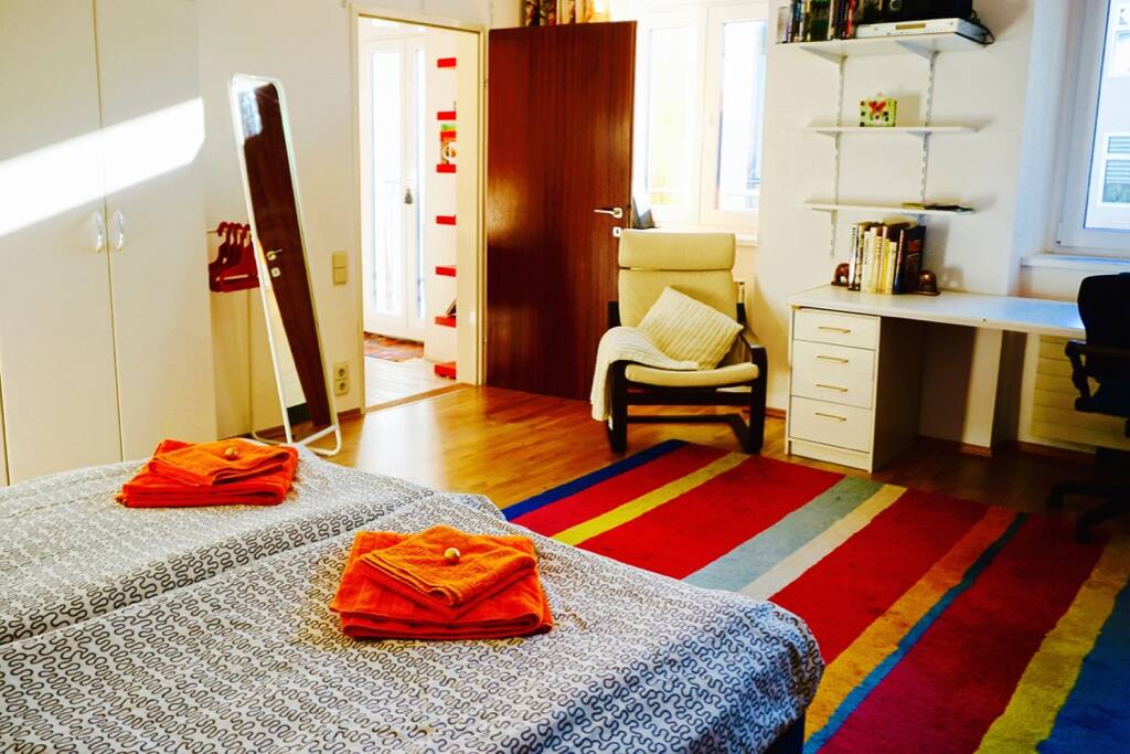 your bedroom:
bed, mirror, hangers, desk, chair, shelves