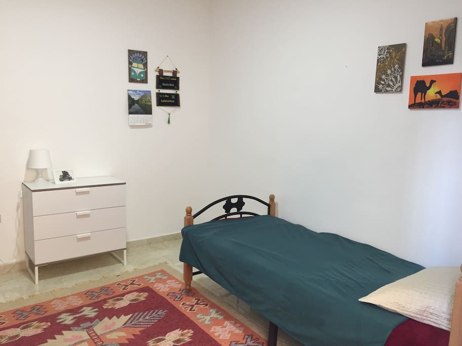Your bedroom has a drawer with extra bedding supplies and space for your personal things.