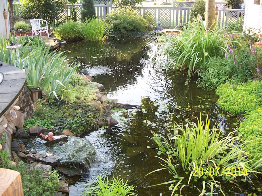 Back yard is a pond with multiple seating areas