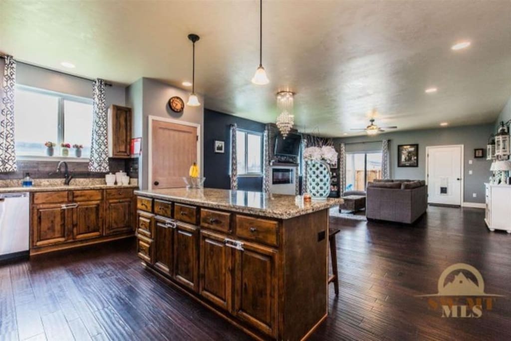 Kitchen island and living room