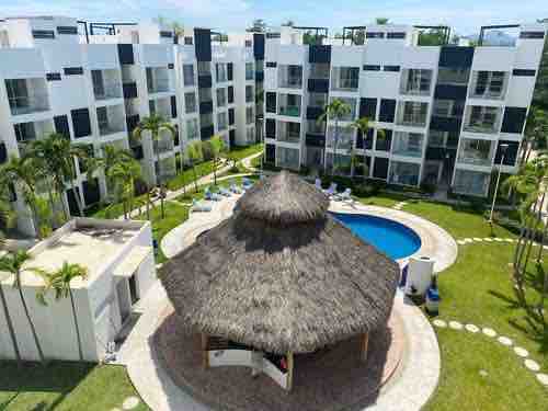 The image captures a spacious shared courtyard featuring a large palapa with a thatched roof, surrounding a circular pool. Lush green grass decorates the area, alongside multiple lounge chairs and palm trees offering shade. Contemporary apartment buildings are visible in the background.
