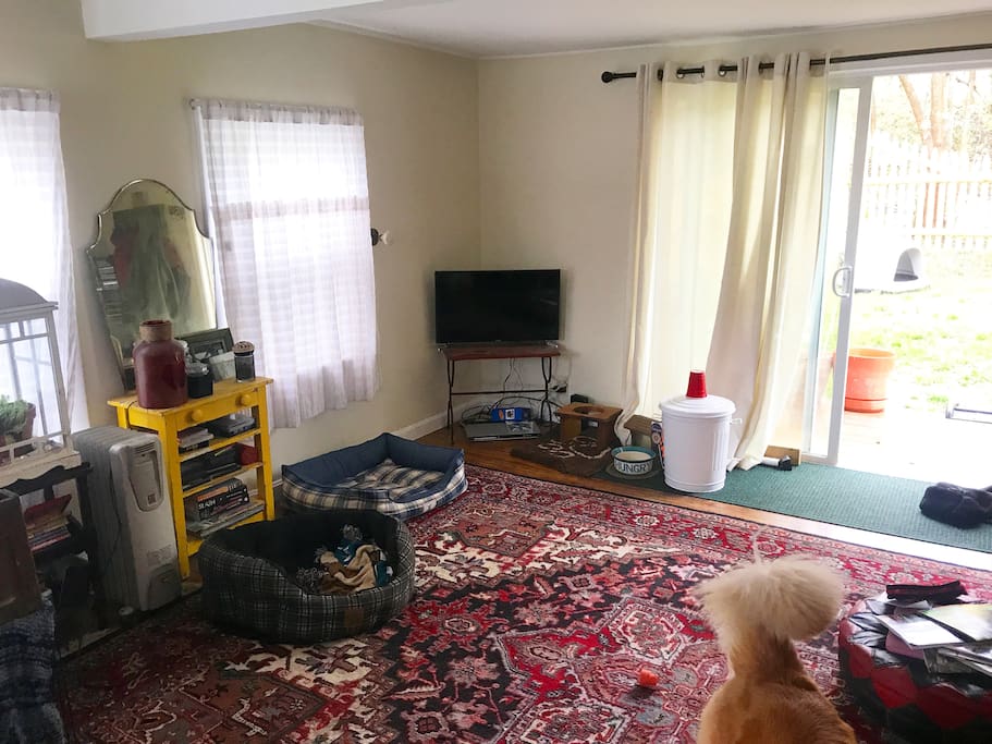 Living room with sliding door to fenced yard.