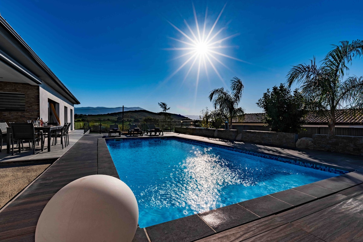 A clear blue sky encompasses a sunlit swimming pool, surrounded by well-maintained landscaping. Sun loungers and a dining area with seating are visible nearby, inviting relaxation. The pool's edge features a smooth stone coping, contrasting with the vibrant water.