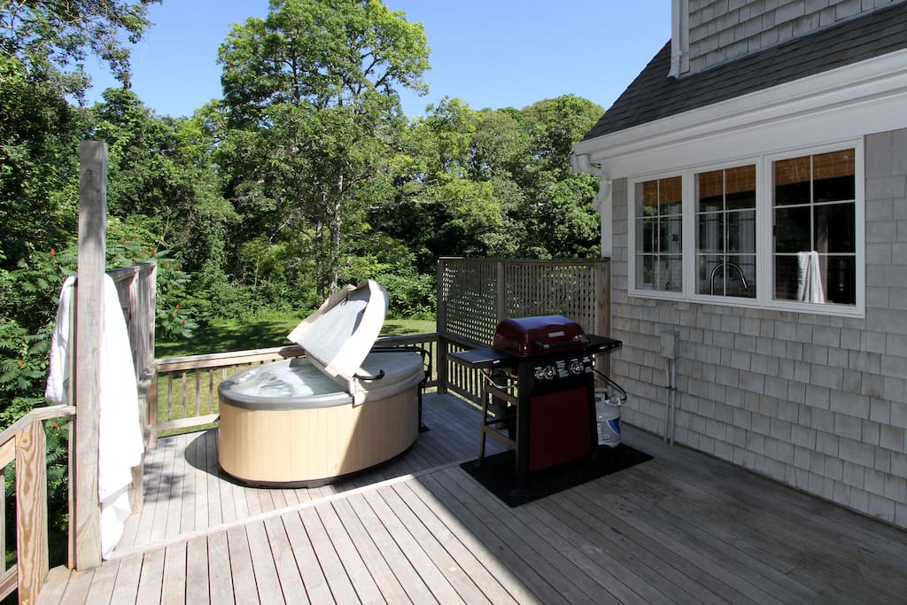 On the back deck, you'll find a hot tub and grill