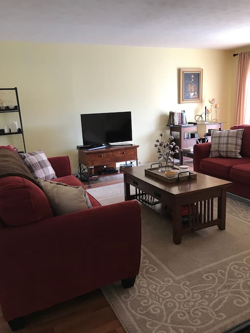 Living Room with basic cable TV but also has Amazon Fire TV Stick installed and ready to use.