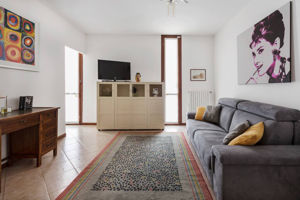 The living room: sofa bed x2, TV & AC