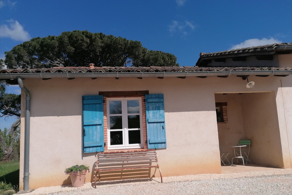 A charming exterior of the farmhouse is displayed, featuring blue shutters framing a large window. A wooden bench offers seating next to a small table set on a gravel path. Lush greenery is visible in the background under a bright blue sky.