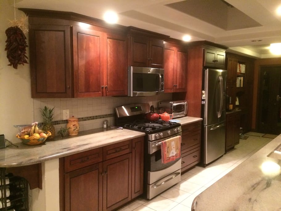 Granite Counters and stainless steel appliances.