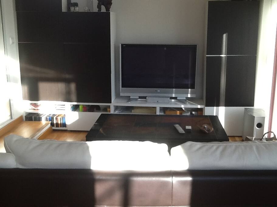 Salon télé avec Home cinéma et console PS4. Vue piscine