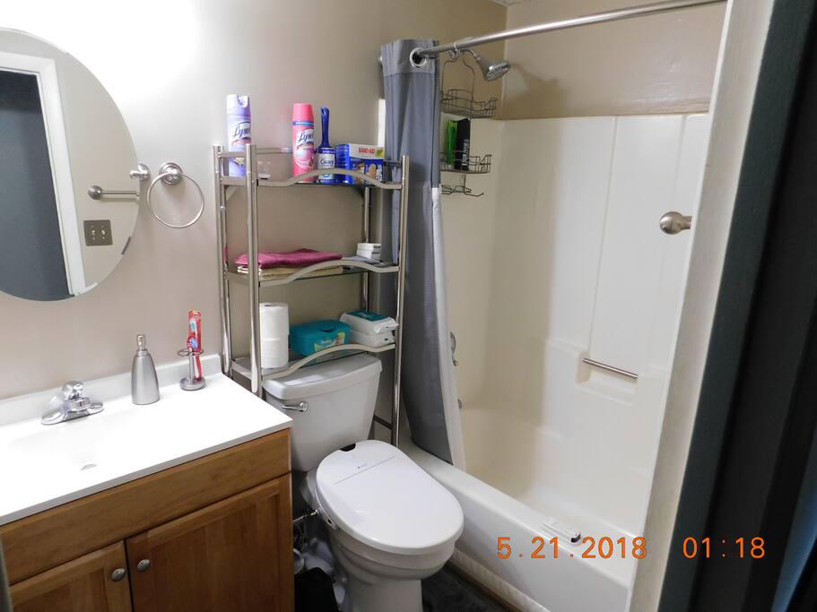Bathroom is equipped with a bidet, and a digital temp. readout on shower head.