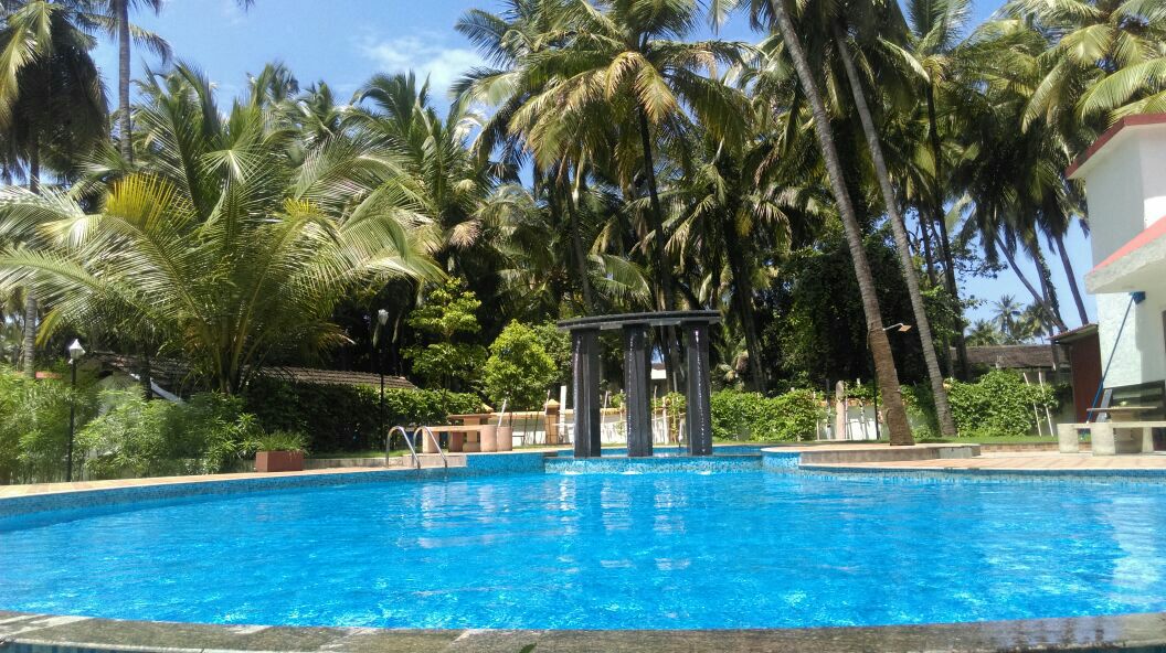 A spacious swimming pool is surrounded by lush palm trees and greenery, offering a refreshing blue hue. Sun loungers are positioned nearby, while a shaded area is visible for relaxation. The atmosphere is serene, inviting guests to enjoy a leisurely swim.