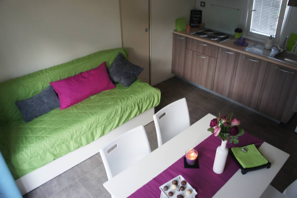 open space with a kitchen, dinning area and a living room (sofa)