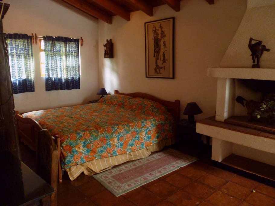 King bed and fireplace