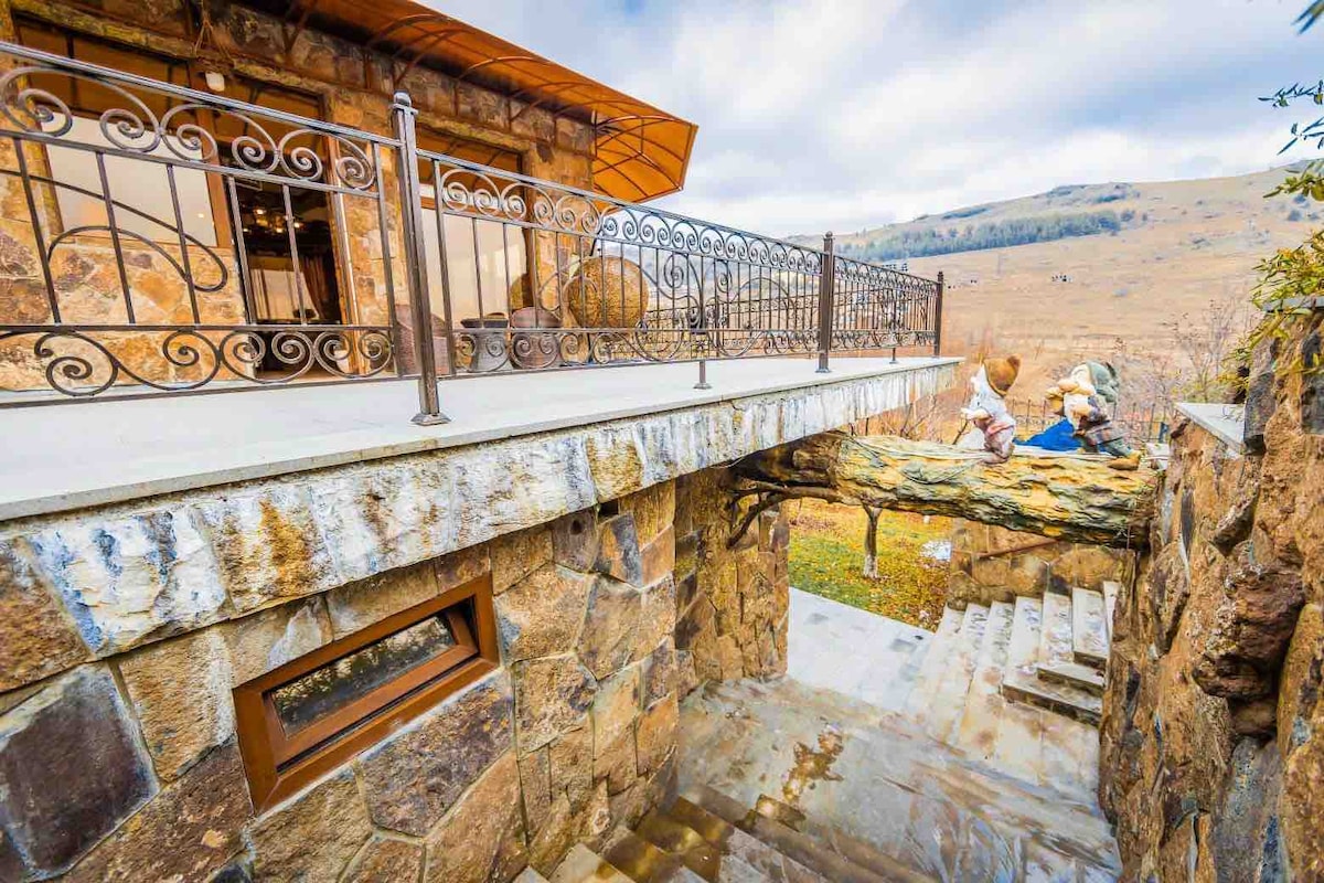 The exterior of the house features a stone façade with a terraced area, bordered by a decorative metal railing. Steps lead down towards a grassy landscape, with a fallen log artfully incorporated into the design.