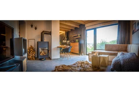 with sauna and fireplace at the edge of the forest with lots of peace