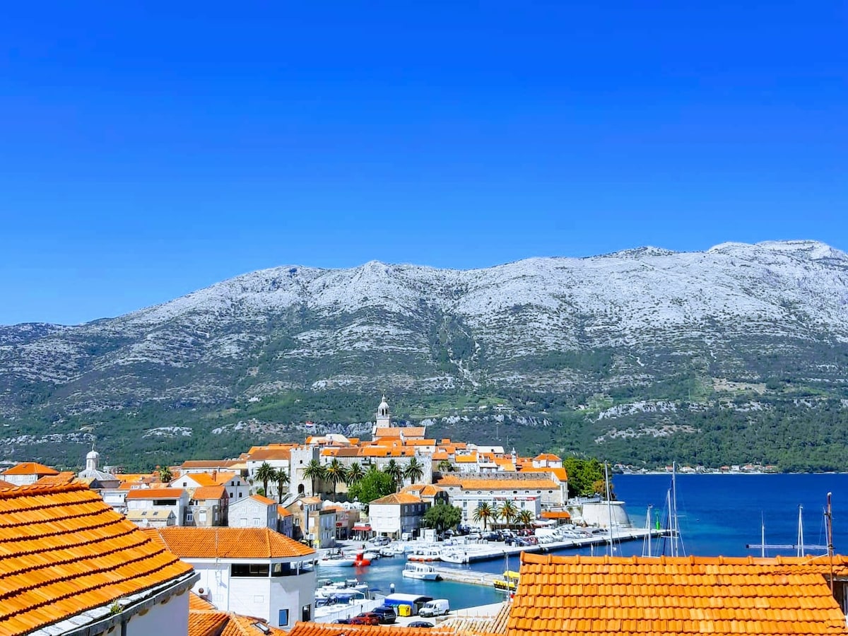 The landscape captures a view of the coastal town with terracotta rooftops in the foreground. The backdrop features a mountainous range, while the sea reflects a clear blue sky. Boats are visible in the marina, complementing the picturesque harbor scene.