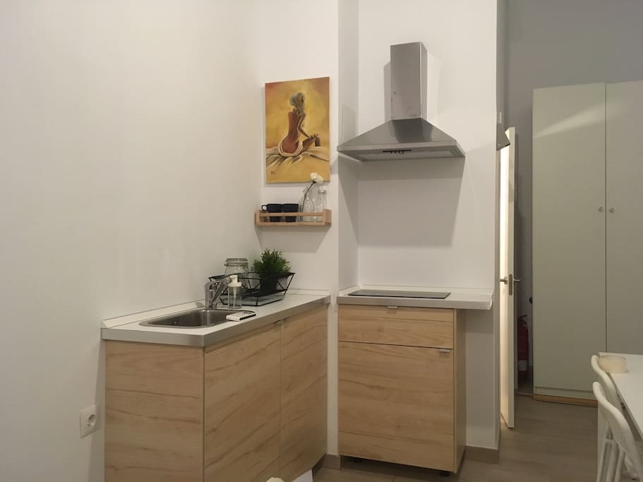 Pequeña cocina propia. Microondas, pequeño frigorífico, vitrocerámica, cafetera de cápsulas (no incluidas).