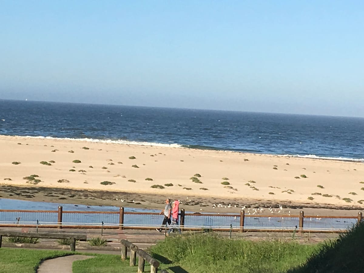 A sandy beach stretches along the coastline, with gentle waves lapping at the shore. Two figures walk along a pathway beside the water, while seagulls are seen along the beach. The clear blue sky complements the serene view of the ocean.