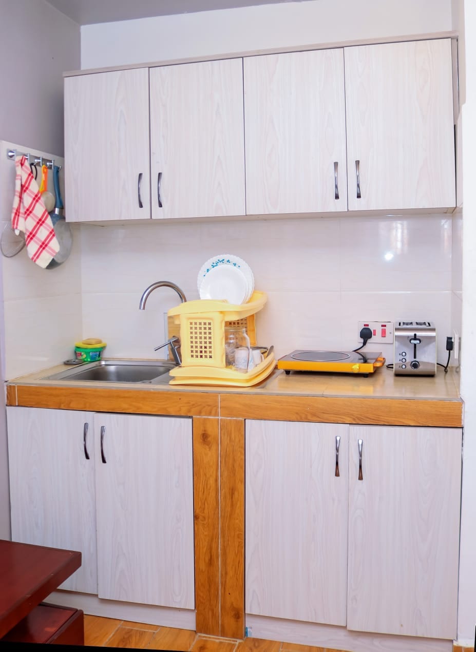 The kitchenette is designed with light-colored cabinetry and includes a small stainless steel sink, a countertop with kitchen appliances, and a dish rack. Cooking essentials can be found on the counter, with additional storage above.