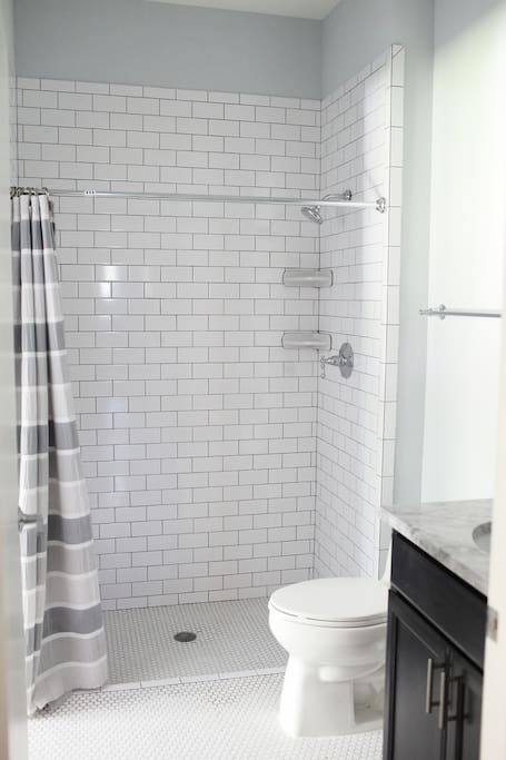 White subway tile Shower stall, bathroom vanity with mirror above sink. White hexagon tile floor. Bathroom is handicap accessible.