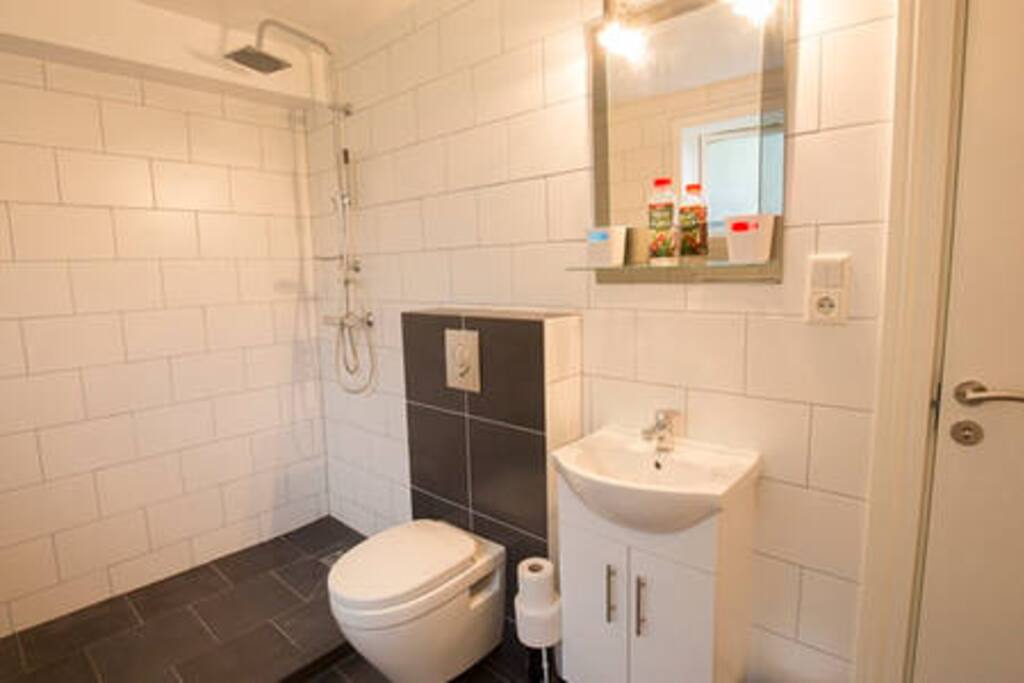 Powerful shower head. large bathroom, washing machine.