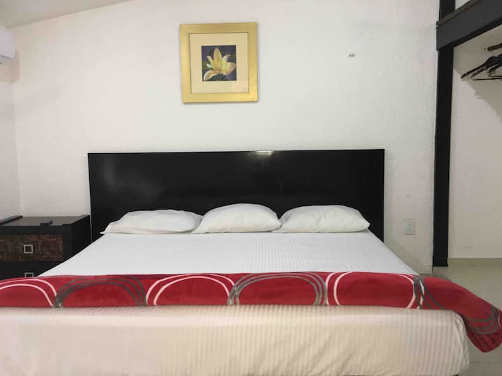 Поглед кон главната спална соба со брачен кревет (широк 150-179 см). Има плакар, куки, клима уред и завеси за затемнување