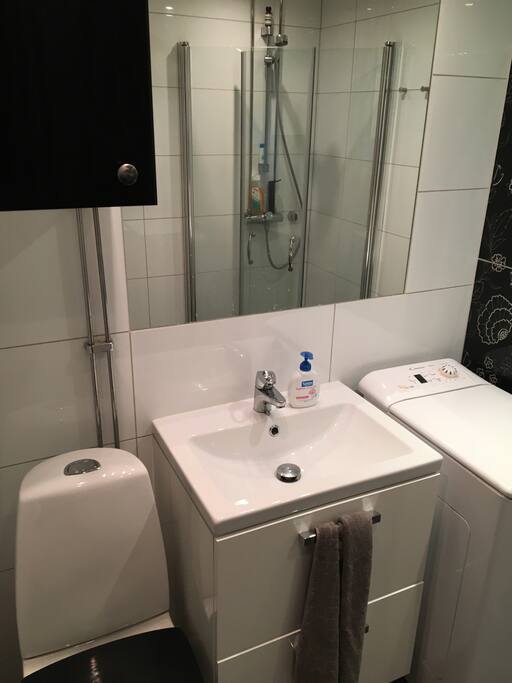 Bathroom with washing machine.