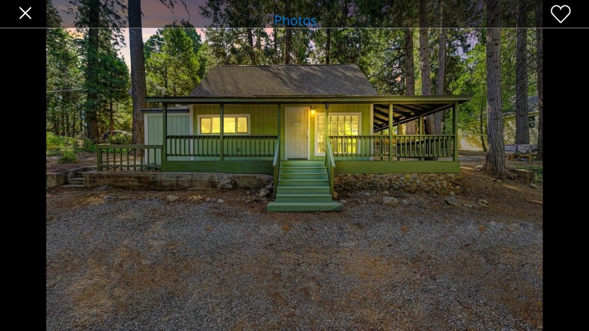 A welcoming green home is set among tall trees, with a stone pathway leading to the entrance. A covered porch with ample seating is visible, and warm light emanates from the windows, suggesting a cozy atmosphere inside.