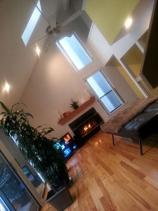 Spacious living room with high ceilings, sky lights, large sliding glass doors with serene views and working wood burning fireplace