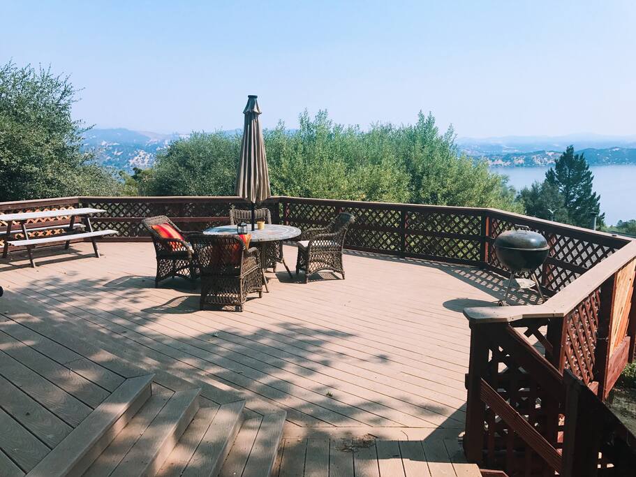 Backyard porch with view of the lake