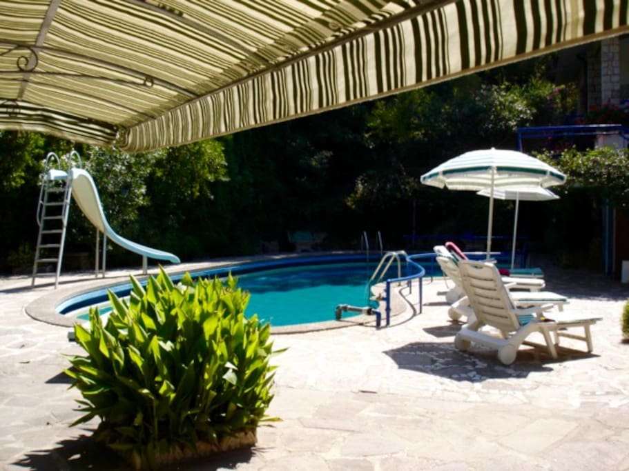 Private pool with sun terrace surrounded by garden