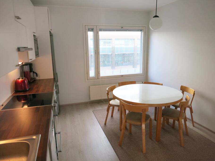 Kitchen has all the modern appliances available such as toaster, coffee machine, stove, oven, fridge, freezer and all the cutleries and other cooking equipment. There is a Artek-design table and chairs for 6 people to have a dinner in the kitchen.