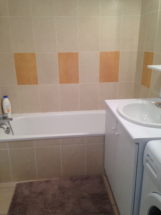 Salle de bain accompagné de son lave-linge, de placard.